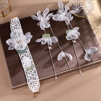 

New Elegant Bride Headwear Set Korean Fairylike Lotus Lace Hairband Necklace Handmade Long Flower Tassels Ear Clips Kits ML