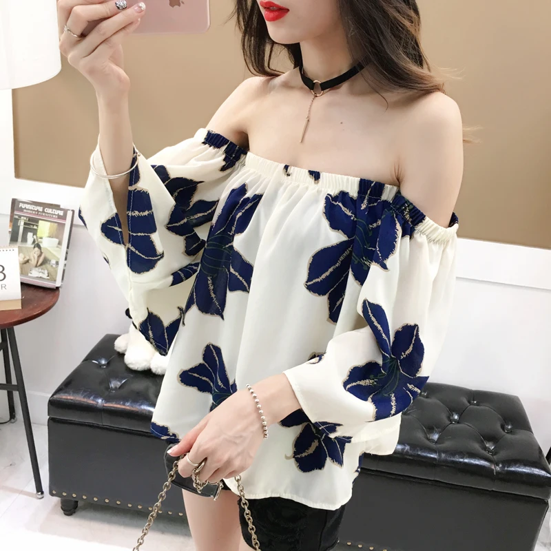 

2019 summer women's strapless chiffon shirts casual loose floral print short sleeve chiffon shirt slash neck female tops