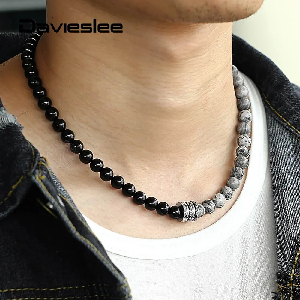 

Natural Tiger Eyes Stone Bead Necklace for Men Women Stainless Steel Charm Black Glass Bead Necklace Toggle Clasp DTNB001A