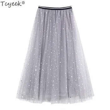 

Tcyeek Womens Fashion 2020 Tulle Skirts Spring Long Beautiful Star Skirt Office Ladies Elegant Clothing Female Mesh Cloth LWL211