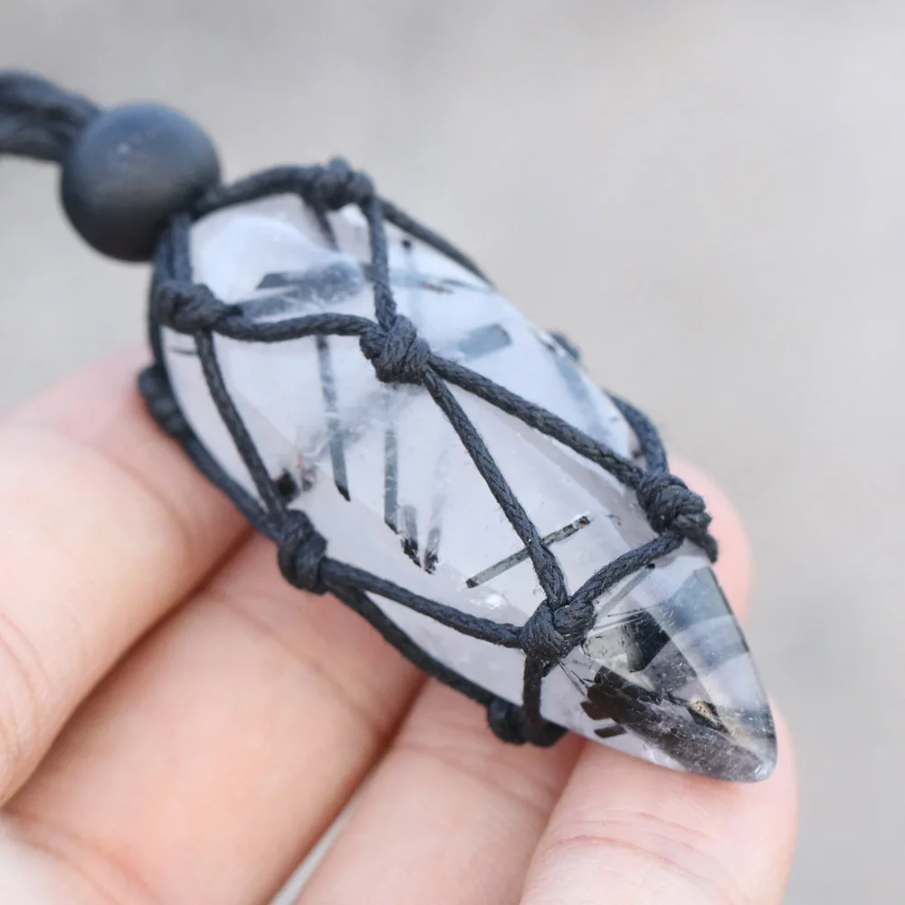 

Black Rutilated Quartz Jewelry Hemp Macrame Anxiety Relif Bohemia Pendant faceted Rare Genuine Natural Rutile Crystal Necklace