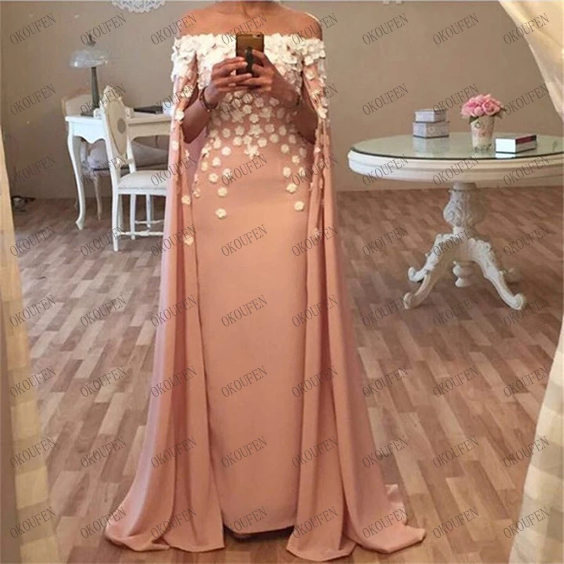 Dubai Kaftan Robes Bateau Neckline Long Champagne Evening Dresses With Cape 3d Flowers Appliques Saudi Arabia Prom Gown副本