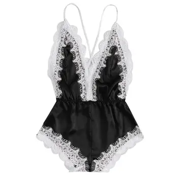

Fashion nightwear satin Sissy Women Sexy Girl V-neck Lace Splice Sleepwear
