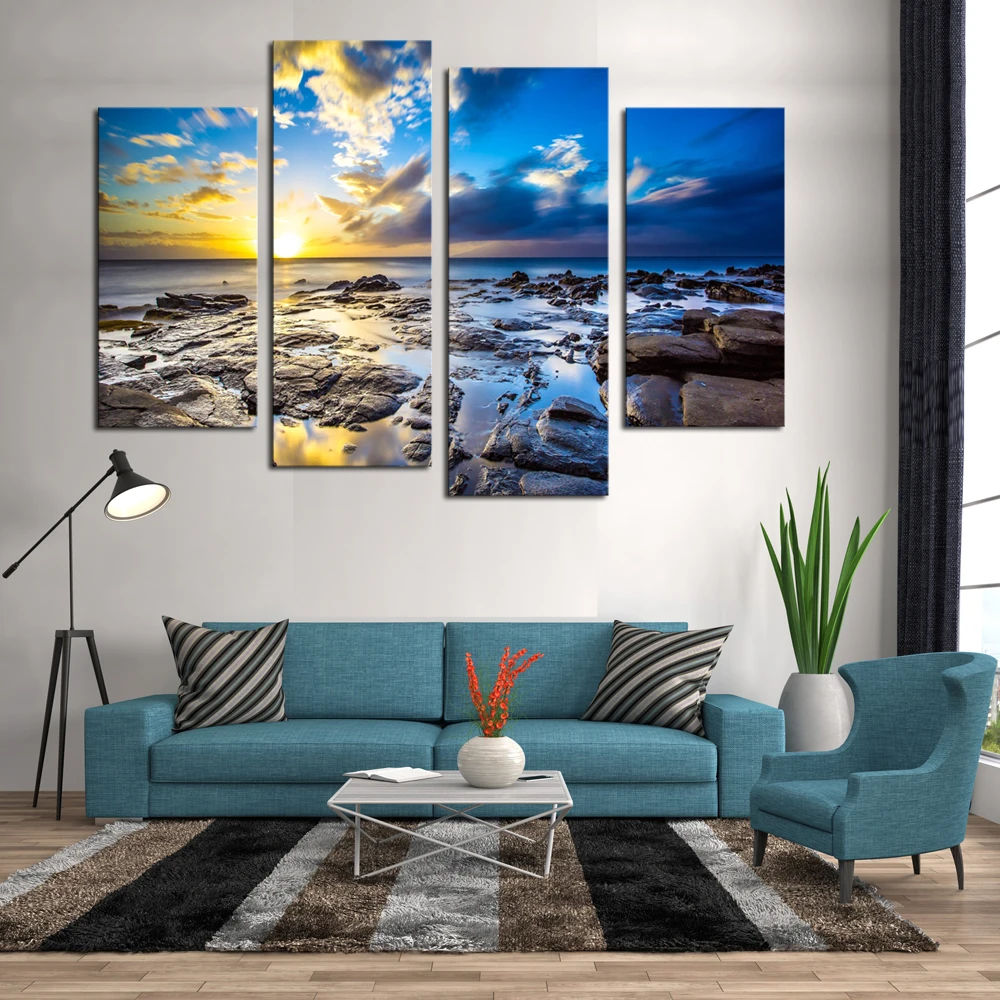 Framed 4 Panels ocean Scenery Canvas Print Painting Modern Canvas Wall 