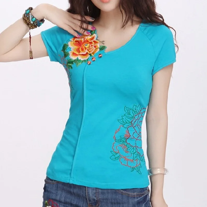 Летняя женская футболка с 3D цветочной вышивкой, хлопковые футболки для женщин, короткий рукав, v-образный вырез, повседневные топы, футболки, плюс размер, женская футболка - Цвет: Синий