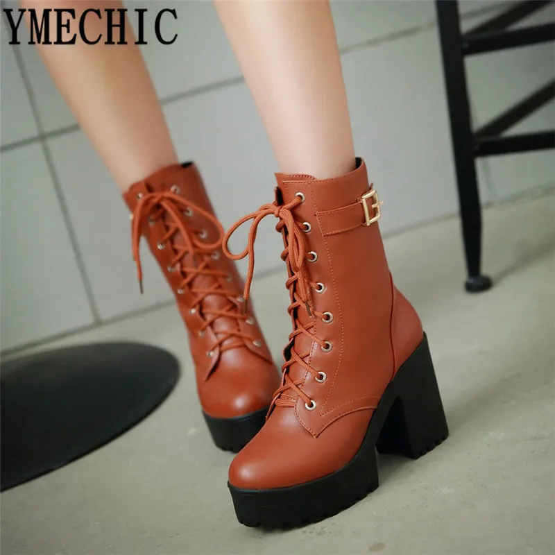 

YMECHIC Lady Yellow Brown Black Lace Up Block High Heels Platforms Ankle Booties 2018 Woman Punk Gothic Combat Boots for Women