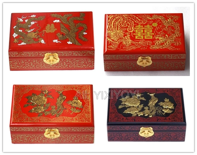 

Chinese Retro 2 Layer Dragon Phoenix Wood Storage Box with Mirror Bangle Jewelry Organizer Display Box Wedding Carrying Case