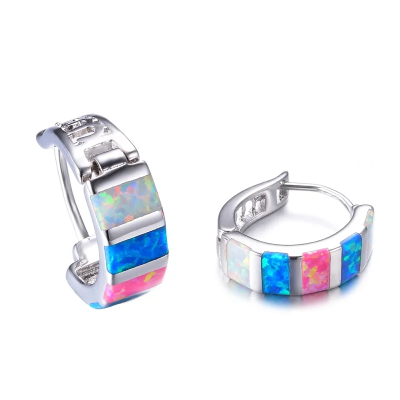 Bamos, синие/белые/радужные опаловые серьги-кольца для женщин, 925 пробы, заполненные серебром, свадебные серьги, модное ювелирное изделие ручной работы - Окраска металла: Rainbow Opal