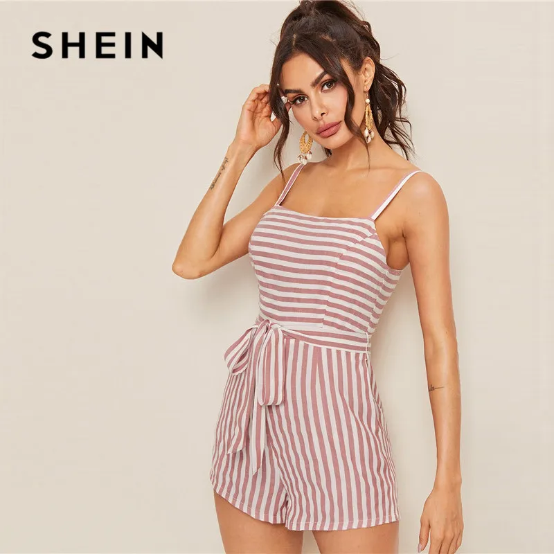 

SHEIN Pink Striped Belted Cami Rompers Womens Jumpsuit Boho Sleeveless Mid Waist Summer Jumpsuit Vacation Casual Ladies Playsuit