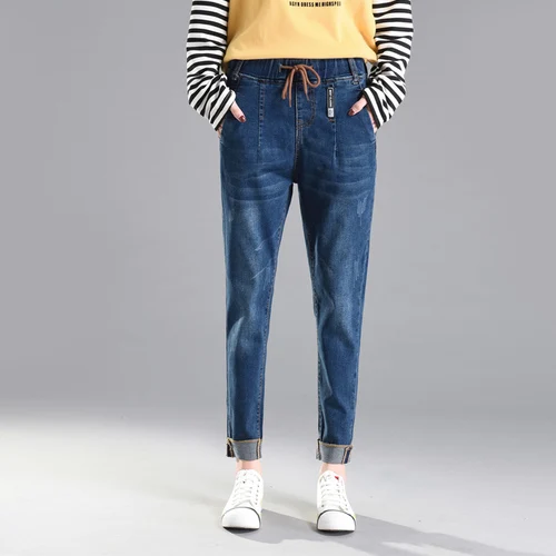 Специальный дизайн, Эластичные Джинсы бойфренда для женщин, женские джинсы размера плюс, свободные джинсы с высокой талией, Стрейчевые джинсовые штаны-шаровары для женщин - Цвет: Dark Blue