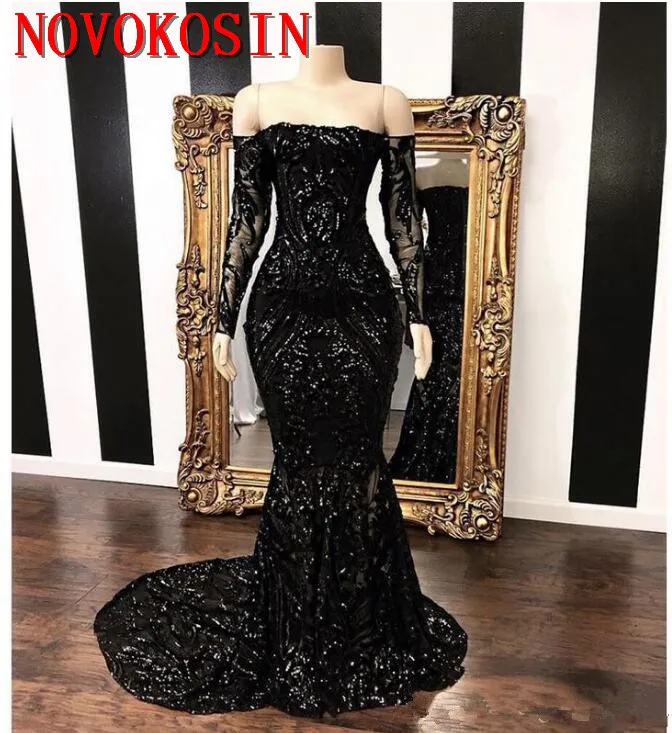 

New Vestidos Black Mermaid Prom Dresses 2019 Long Sleeve Off The Shoulder Sweep Strain Sequined Formal Evening Dress Party Gown
