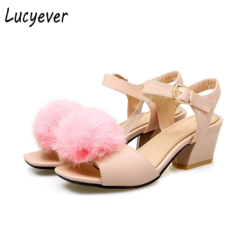 

Lucyever Women Sweet Fur Ball Sandals Fashion Buckle Chunky Heels Summer Shoes Woman Open Toe Casual Shoes Pink White Plus Size
