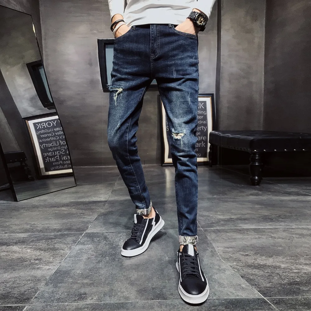Ripped Jeans Men Spring Autumn Black Blue Hiphop Slim Fit Denim Men Skinny Jeans Pants Cowboys Elasticity Solid Pencil Men Jeans