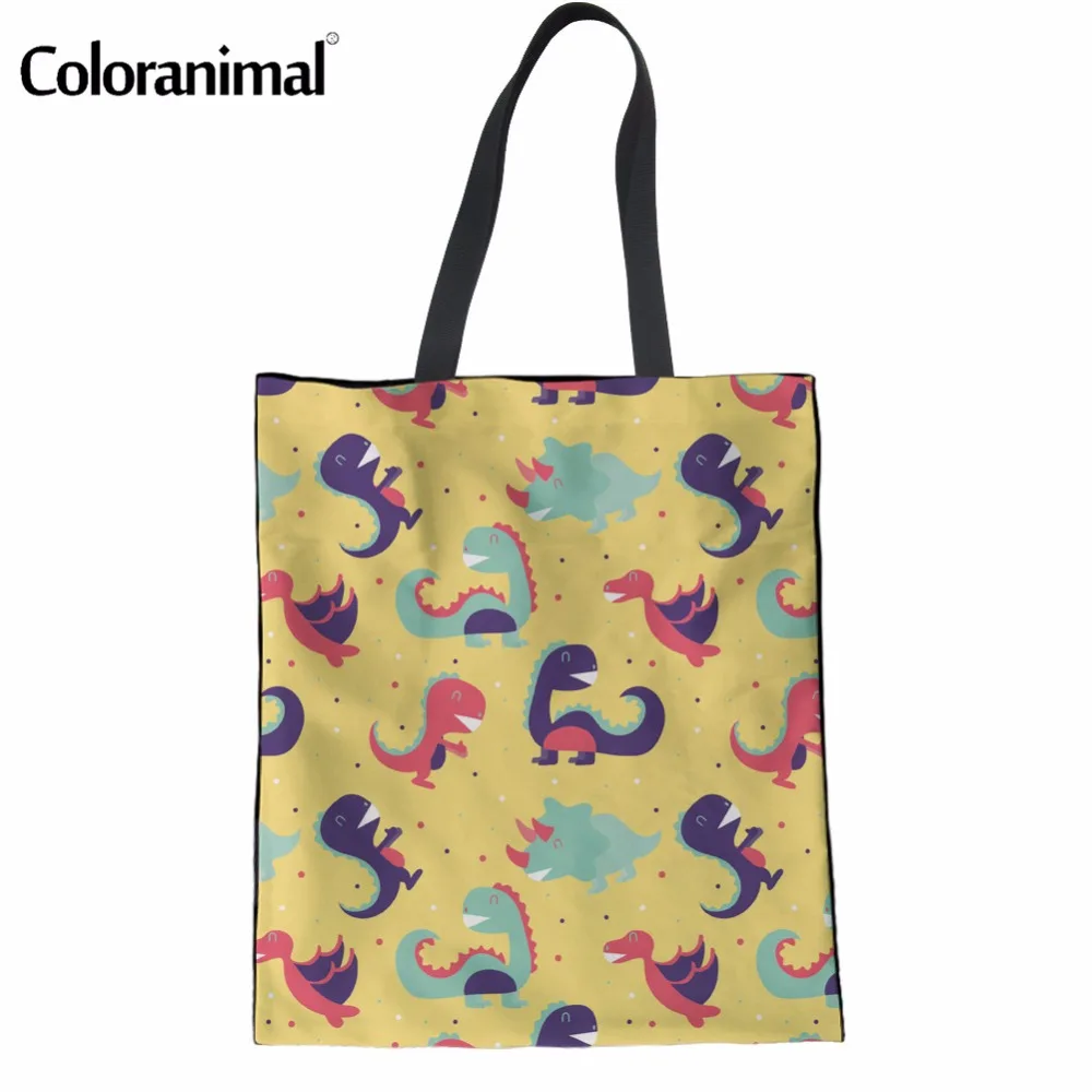 

Coloranimal Cartoon Dinosaur Printed Casual Canvas Women Linen Handbags Famous Designer Shoulder Tote Shopping Bags for Ladies