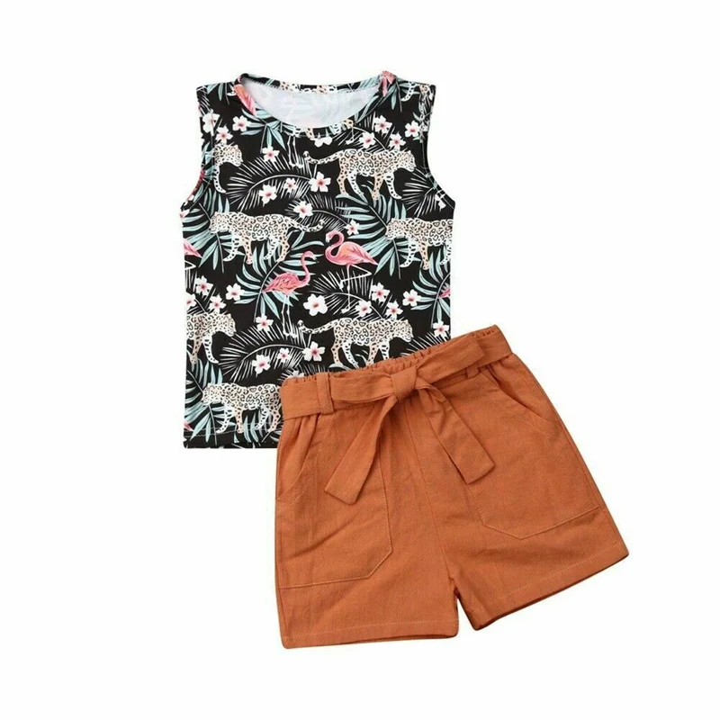 

1-6Y Summer Cute Infant Baby Girl Children Clothes Sets Sleeveless Animal Print Top Vest + Shorts Toddler Clothes