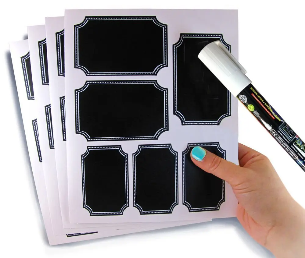 Mini White Border Chalkboard Labels Set of 48 with Big Chalk Pen Reusable Blackboard Stickers for