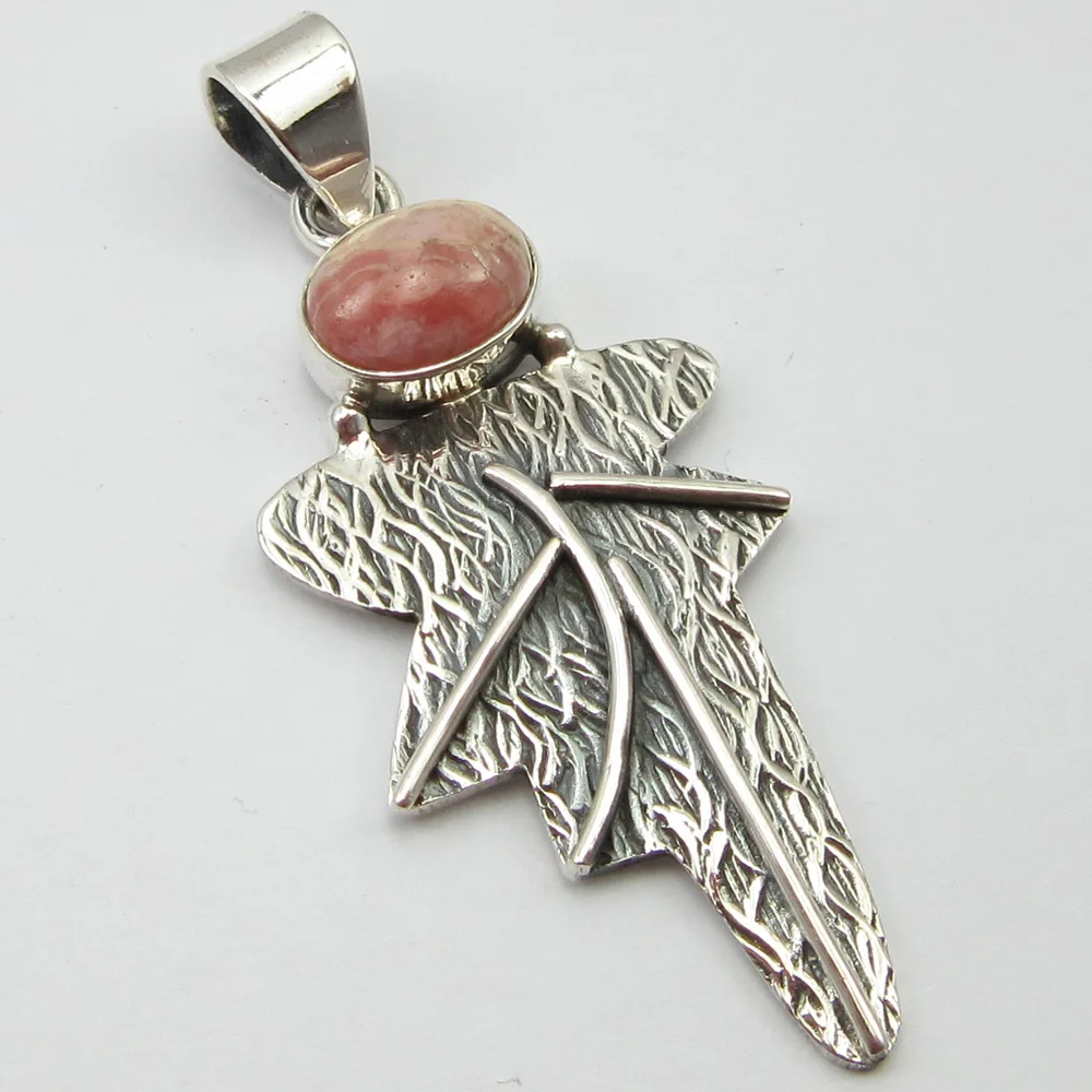 

STAMPED Solid Silver REAL Rhodochrosite Pendant 1.7" ! GEM STONE Jewelry