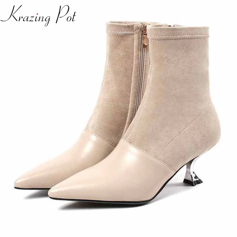 

Krazing Pot genuine leather flock strange high heel pointed toe keep warm basic style stretch women superstar ankle boots L65