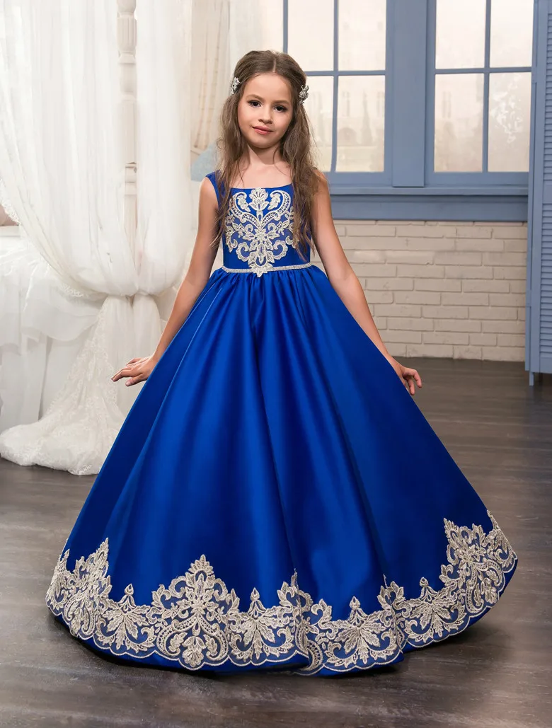 

Royal Blue Flower Girl Dresses for Wedding Appliques Sleeveless Ball Gown Formal Bow Sashes First Communion Dress Custom Size