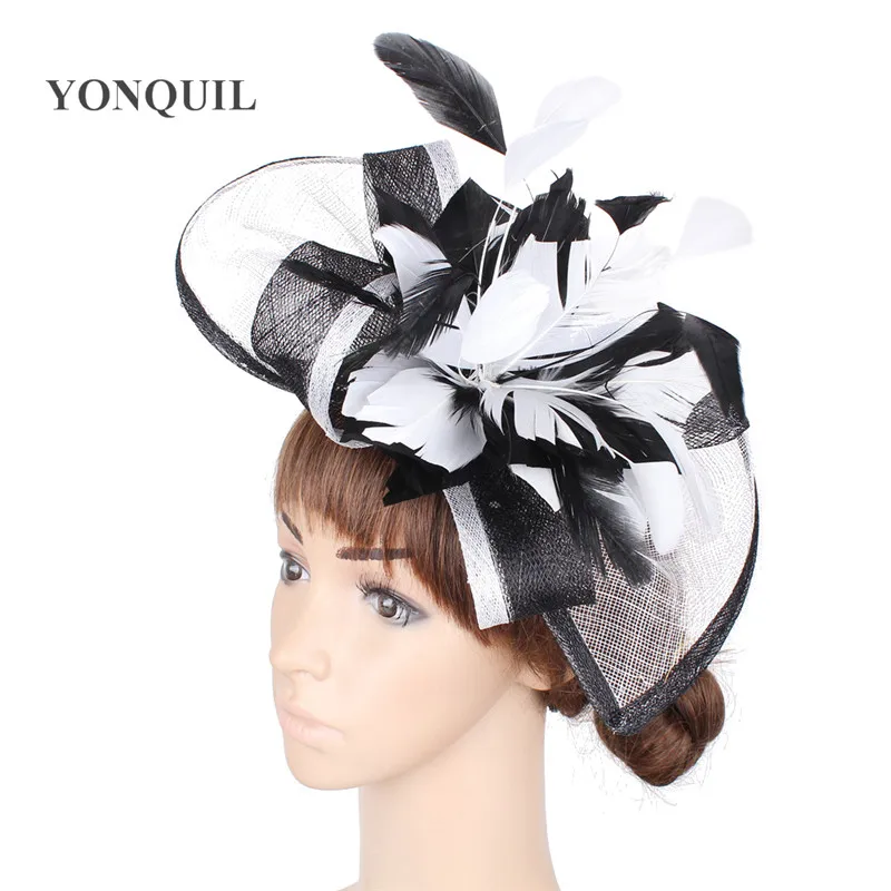 

Sinamay Fascinations Lady Elegant White more than black Hat Linen Feather Large Wide Brim Vintage Women gril Wedding Church Hats