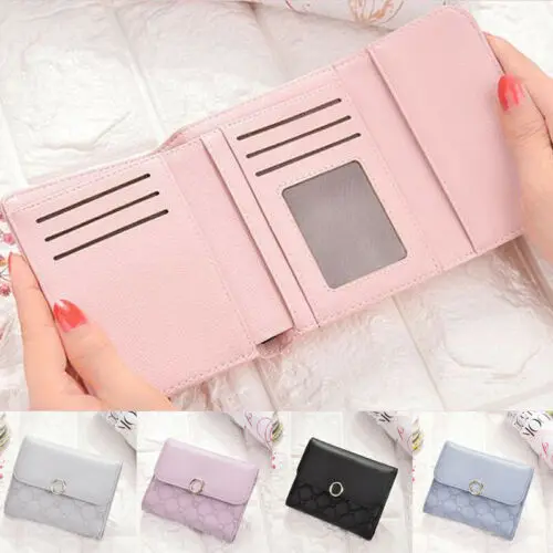 

Women Leather Purse Girl Korean Cute Little Credit Card Holder Wallet Clutch Trifold Lock Short ID Pocket Coin Key Bag