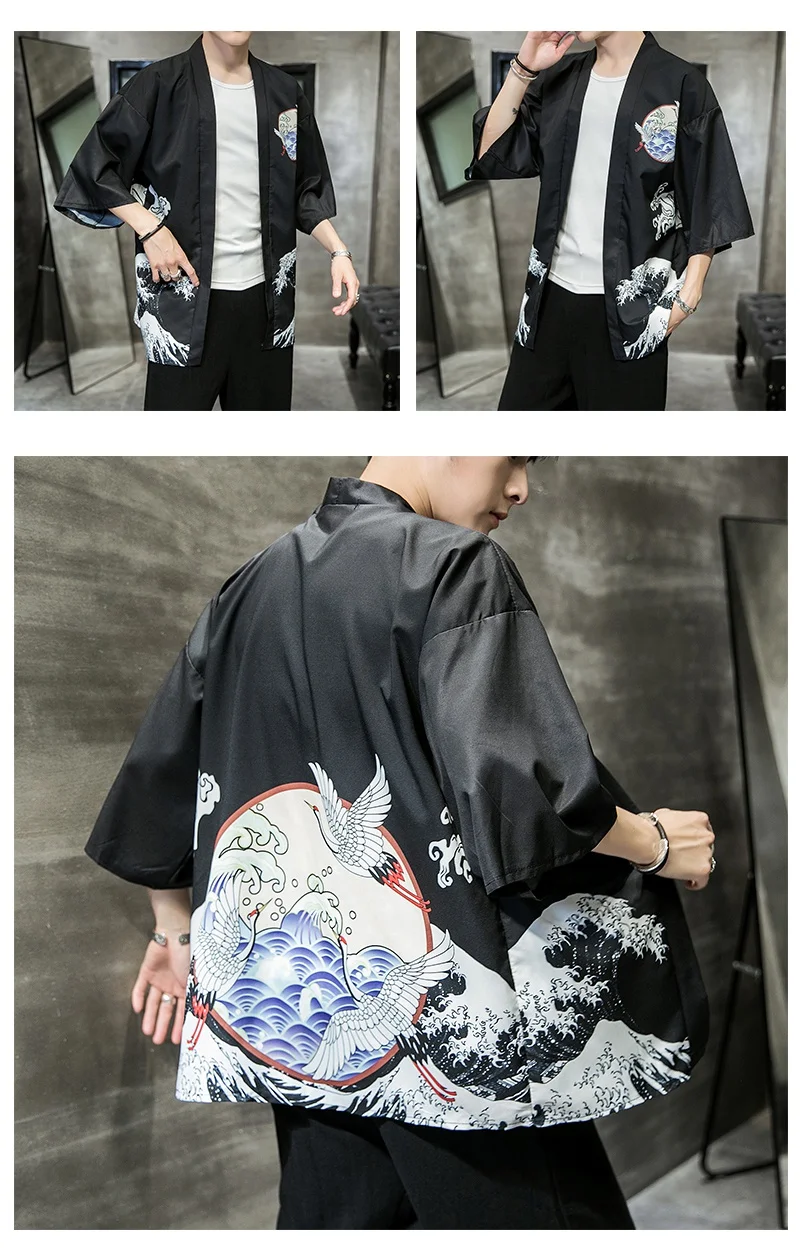 KUANGNAN белый журавль печати кимоно мужские японские кимоно кардиган Harajuku кимоно рубашка Мужская Уличная Мужская гавайская рубашка Новинка