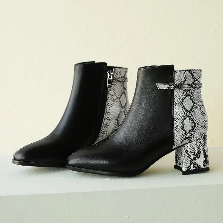 ORCHA LISA/Новые пикантные ботильоны на массивном каблуке; короткие ботинки с принтом змеиной кожи; элегантные ботинки на молнии; женская обувь; женские ботильоны - Цвет: Black inside fur