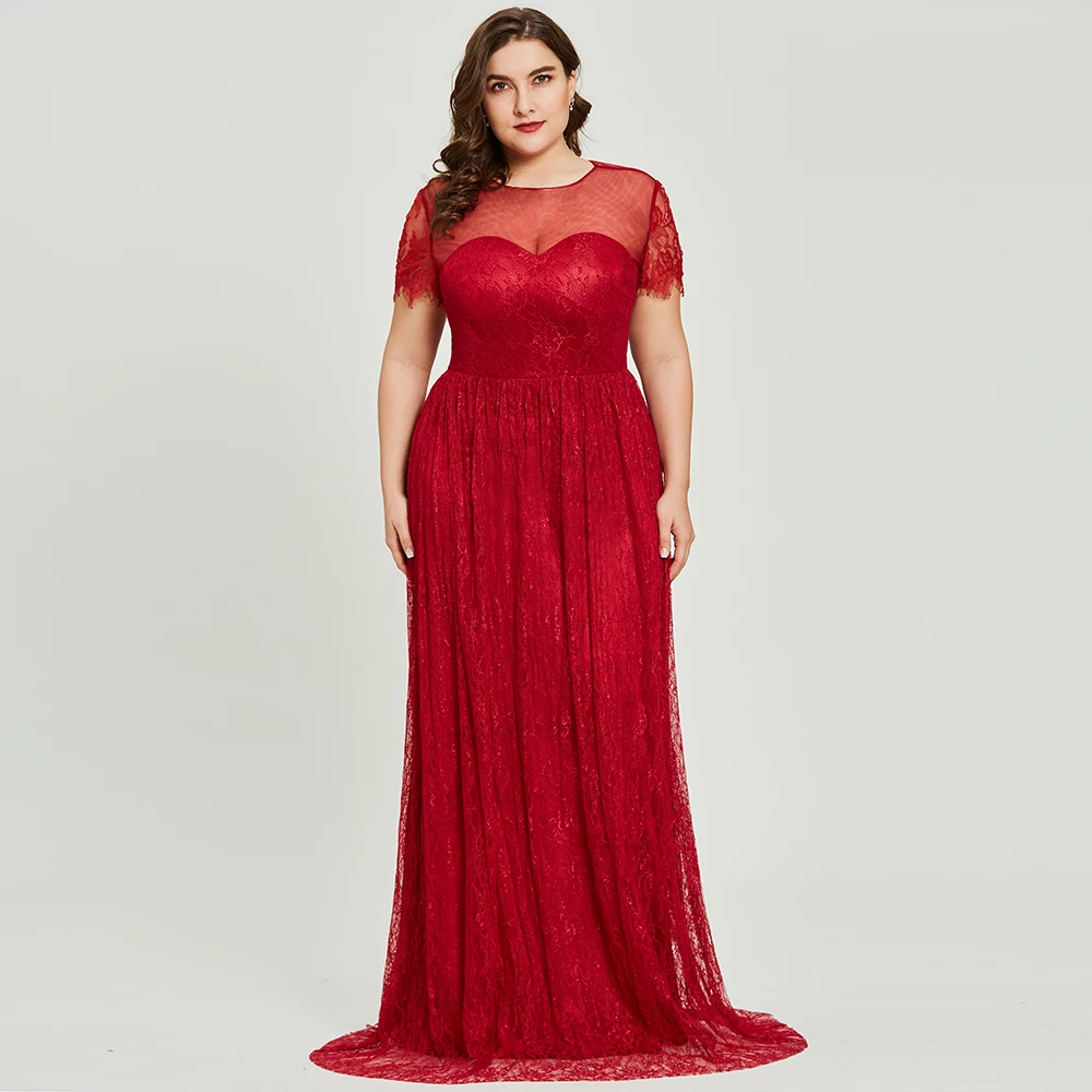 Skup Dressv bordowy z wycięciem plus rozmiar suknia wieczorowa elegancka linia z krótkimi rękawami ślubna formalna sukienka na przyjęcie koronkowe suknie wieczorowe