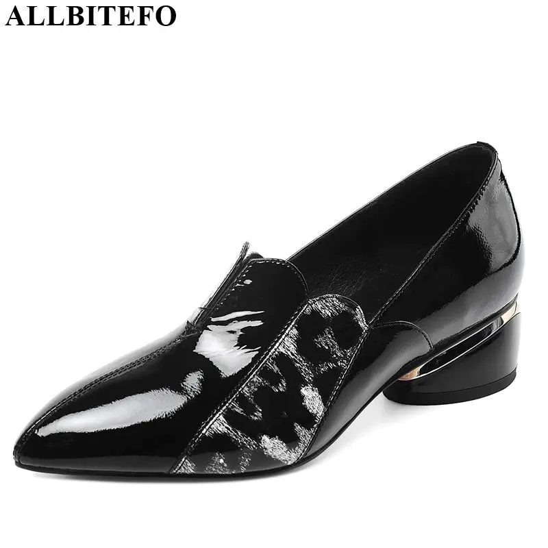 

ALLBITEFO natural printing genuine leather casual comfortable ladies women thick heels high heel shoes new spring high heels