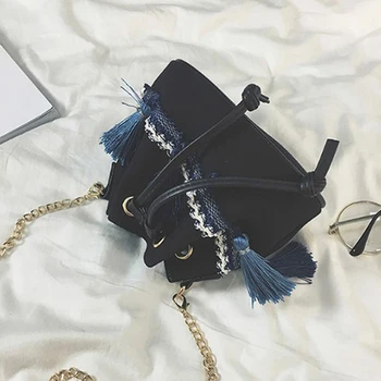 

Spring Summer Fashion Canvas Bucket Bag Ethnic Style Tassels Drawstring Handbag Shoulder Diagonal Small Bag