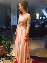 2017 Sexy Backless Abendkleid Scoop Neck Volle Hülse Sweep Zug Chiffon mit Applikationen Abendkleider Party Kleider PD128