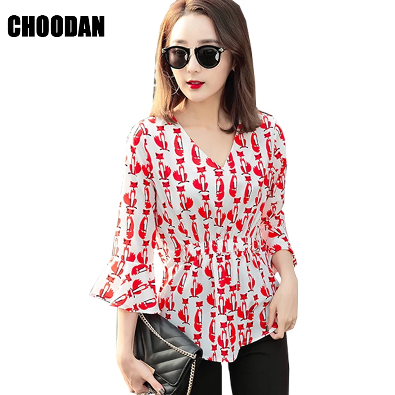 

Women Blouses Sweet Flare Sleeve Summer Korean Style 2018 New V-neck Fox Print Blouse Shirt Ladies Top Fitness Female Clothing