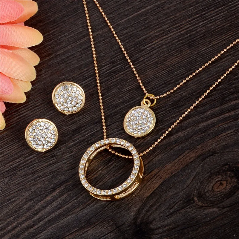 Набор ювелирных изделий золотого цвета с кристаллами женские модные круглые многослойные цепочки ожерелье с висячими серьгами
