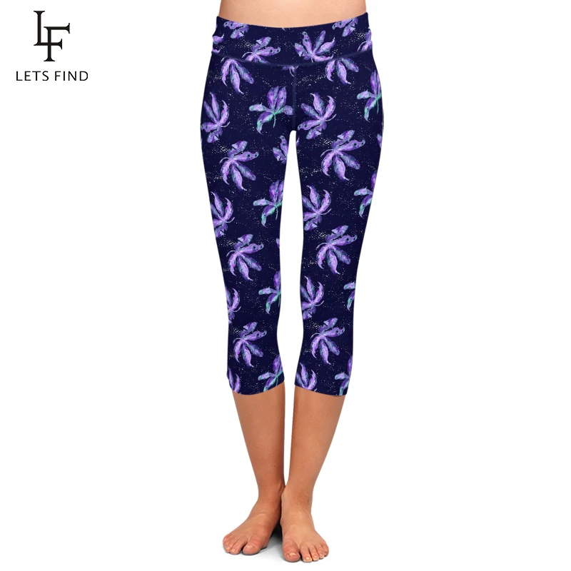 

LETSFIND Plus Size Women Leaf Print Summer Style Black Pants High Waist Soft Mid Calf Leggings High Quality Fitness Pants
