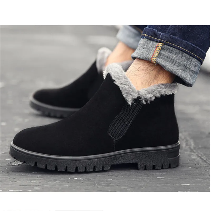 

NIS Large Size Fur-lined Ankle Boots Men Shoes Faux Suede Winter Snow Shoes Men Boots Elastic Casual Slip On Motorcycle Booties