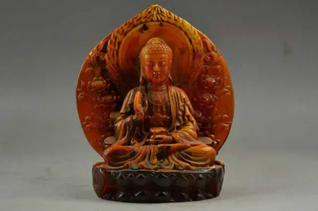 

Elaborate Old Handwork Artificial Amber Resin Sit Quietly Pray Buddha Auspicious Statue