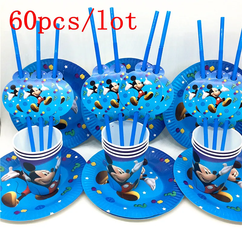 

60pcs\lot Baby Shower Party Plates Cartoon Cup Mickey Mouse Tablecloth Kids Favors Birthday Pikachu Napkins Decoration Supplies