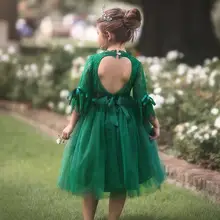 Платья с цветочным рисунком и открытой спиной для маленьких девочек; Цвет зеленый, красный; рождественское платье с роговыми рукавами; Европейский халат; платья принцессы для детей