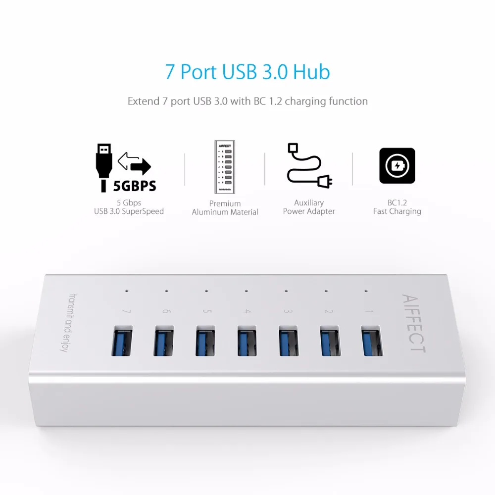 Aiffect 7 Порты и разъёмы USB 3,0 концентратор Алюминий BC1.2 USB разветвитель с зарядным Порты 5 Гбит/с USB3.0 для iPhone htc LG 12 V 2A адаптер для розеток европейского стандарта