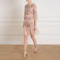 High Quality 2019 Summer New Women'S Fashion Party Casual Sexy Workplace Vintage Elegant Chic Mesh Embroidery Pink Black Dress