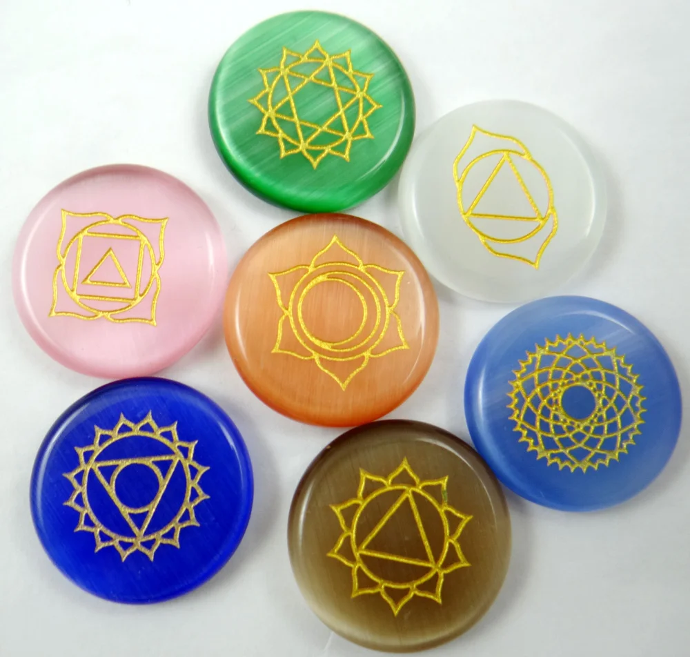 

Natural Stone 7 colors Cat's Eye Stone carved Chakra Pendants Oval Round Shape Choker Reiki 7 Chakra Stone Pendant no hole 7PCS