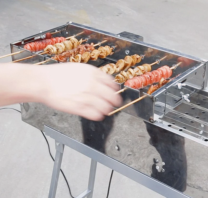 High Quality stainless steel Automatic flipping shelf Adjusting the width Barbecue Grill Rolling roasting needles skewers tools