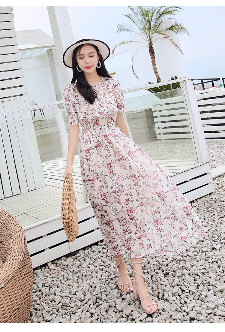 Beach dress seaside holiday dress spring and summer new bohemian large swing long floral chiffon dress