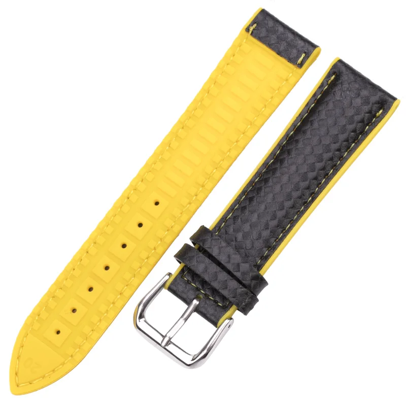 Новые кожаные+ резиновые Ремешки для наручных часов для женщин мужчин желтый оранжевый черный 18 20 22 мм часы ремешок браслет с пряжкой - Цвет ремешка: Цвет: желтый