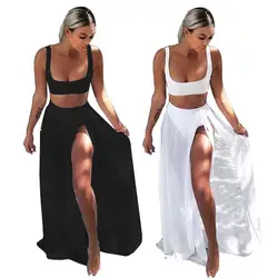 Для женщин oversize 3XL черный белый укороченный топ длинная юбка с разрезом Шорты летние пляжные Комплект из 3 предметов для женщин Для женщин