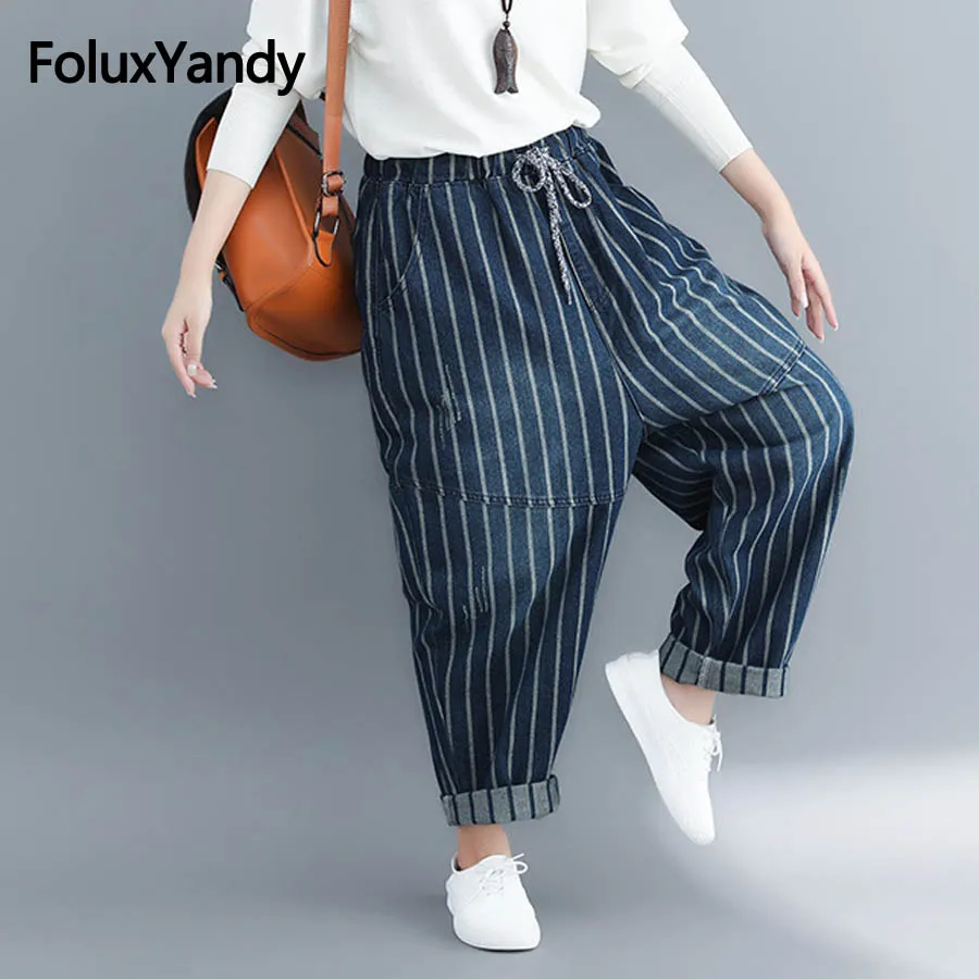 Blue Striped Denim Harem Pants Women Plus Size 5xl 6xl Casual Loose