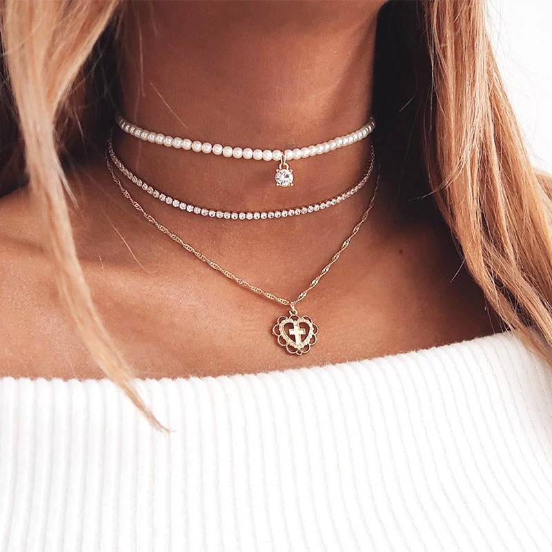 

Bohemian Heart Cross Pearl Chain Pendant Necklace Multilayer Gold Necklace Women Wedding Party Necklace Set