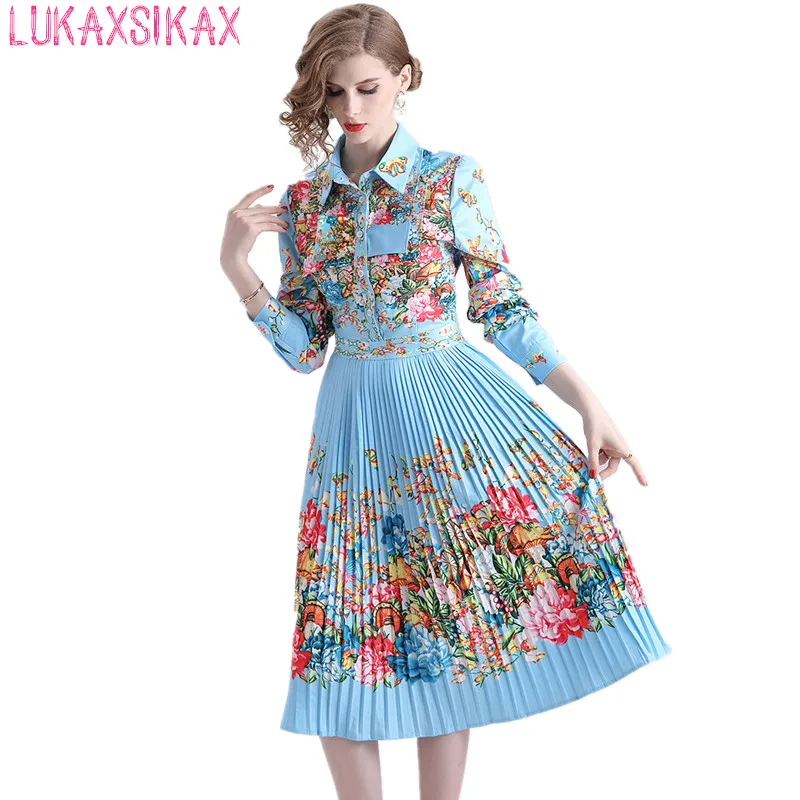 

LUKAXSIKAX 2019 New Spring Autumn Women Long Sleeve Dress High Quality Gorgeous Flowers Print Runway Dress Pleated Long Dress