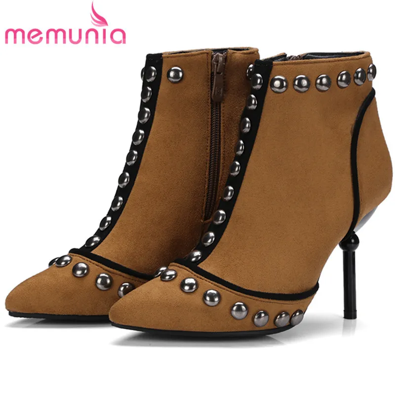 

MEMUNIA 2018 New arrive square thin heels shoes woman ankle boots for women PU nubuck leather zipper rivets large size 34-45