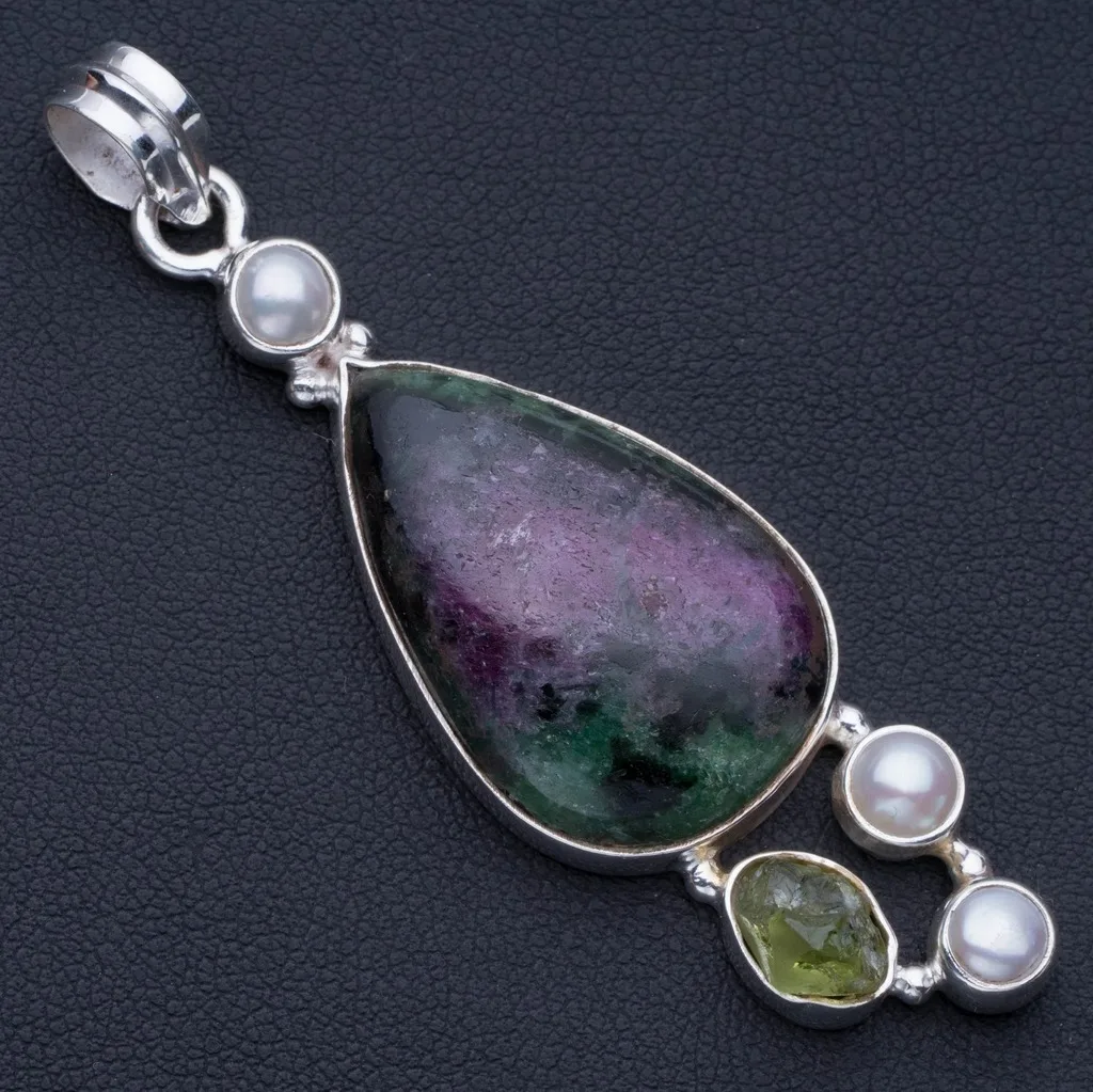 

Natural Ruby Zoisite,Rough Moldavite and River Pearl Punk Style 925 Sterling Silver Pendant 2 1/2" P0761